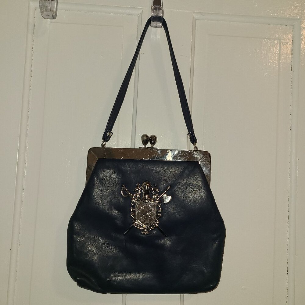 VTG Margolin 1940s 50s Leather Purse Coat of Arms on Front Navy-Blue Silver RARE